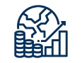 Icon consisting of planet Earth, stacked coins and graphs to illustrate economies.